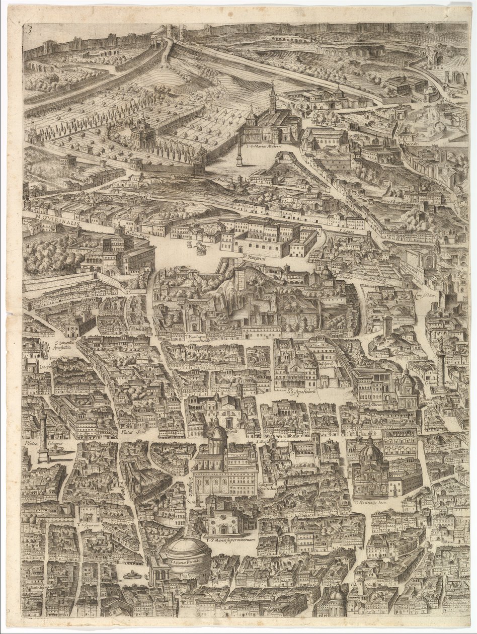 مخطط مدينة روما. الجزء 3 مع سانتا ماريا ماجوري ، البانثيون وتراجان ... ، 1645. بواسطة انطونيو تمبيستا