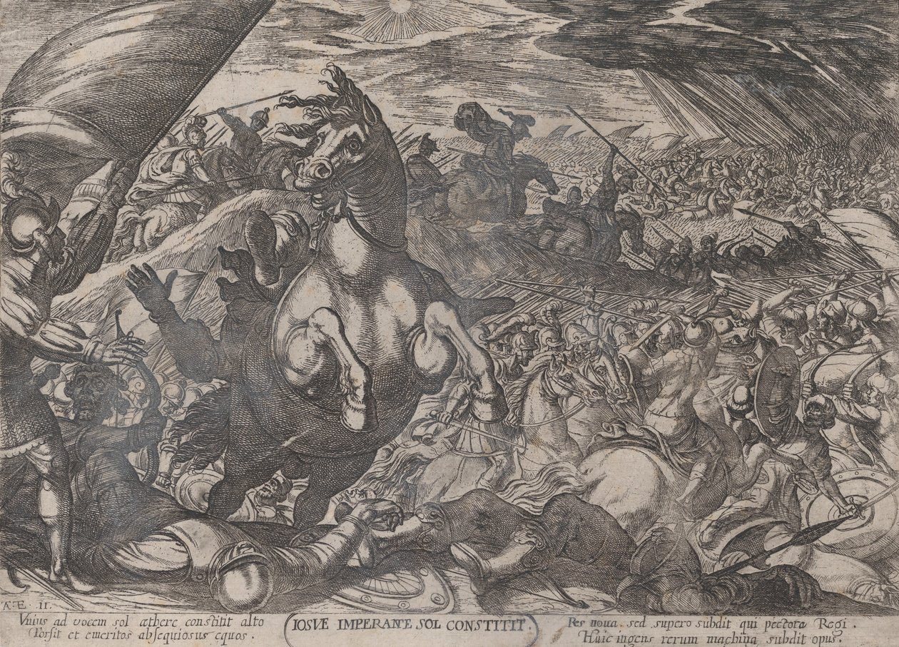 اللوحة 11: جوشوا يأمر الشمس بالوقوف ساكنة ، من 'The Battles of the Ol ...، ca. 1590-كاليفورنيا. 1610. بواسطة انطونيو تمبيستا