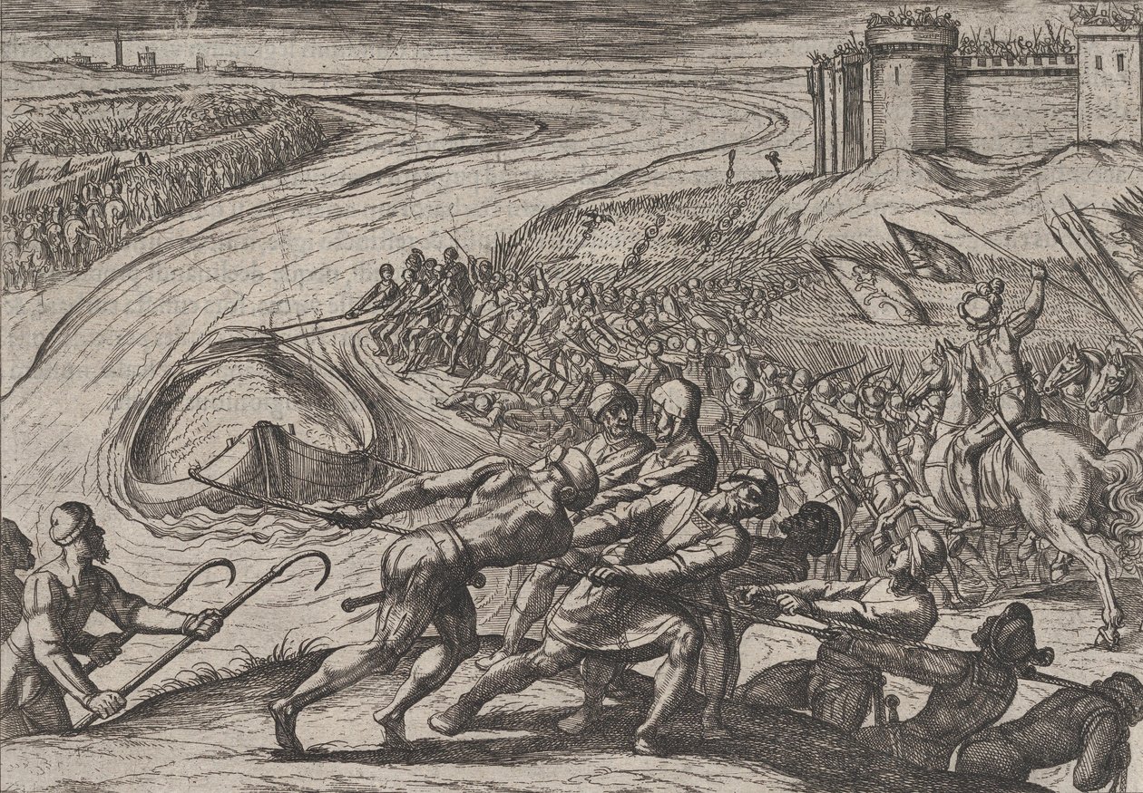 اللوحة 12: سحب سفينة محملة بالحبوب إلى الشاطئ ، من حرب الرومان ضد ... ، 1611. بواسطة انطونيو تمبيستا