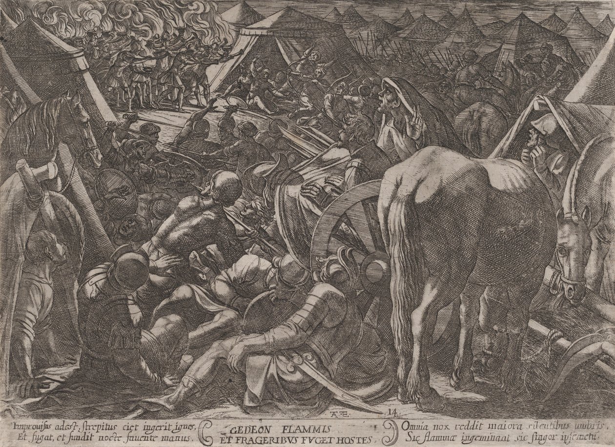 اللوحة 14: جدعون يرهب معسكر الأعداء ، من 'The Battles of the Old Tes ...، ca. 1590-كاليفورنيا. 1610. بواسطة انطونيو تمبيستا