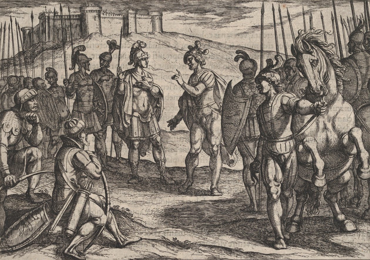 اللوحة 15: المدنيون يتعاملون مع قائد روماني ، من حرب الرومان ضد ... ، 1611. بواسطة انطونيو تمبيستا