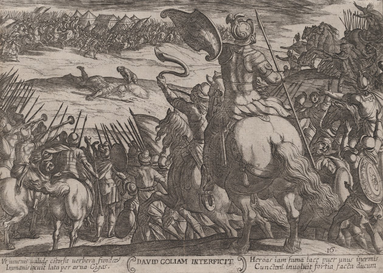 اللوحة 16: ديفيد قتل جليات ، من "معارك العهد القديم" ، كاليفورنيا ... 1590-كاليفورنيا. 1610. بواسطة انطونيو تمبيستا