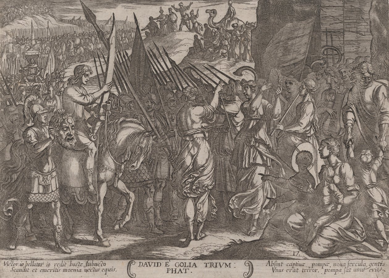 اللوحة 17: عودة داود منتصرًا برأس جالوت ، من كتاب The Batt ... ، كاليفورنيا. 1590-كاليفورنيا. 1610. بواسطة انطونيو تمبيستا