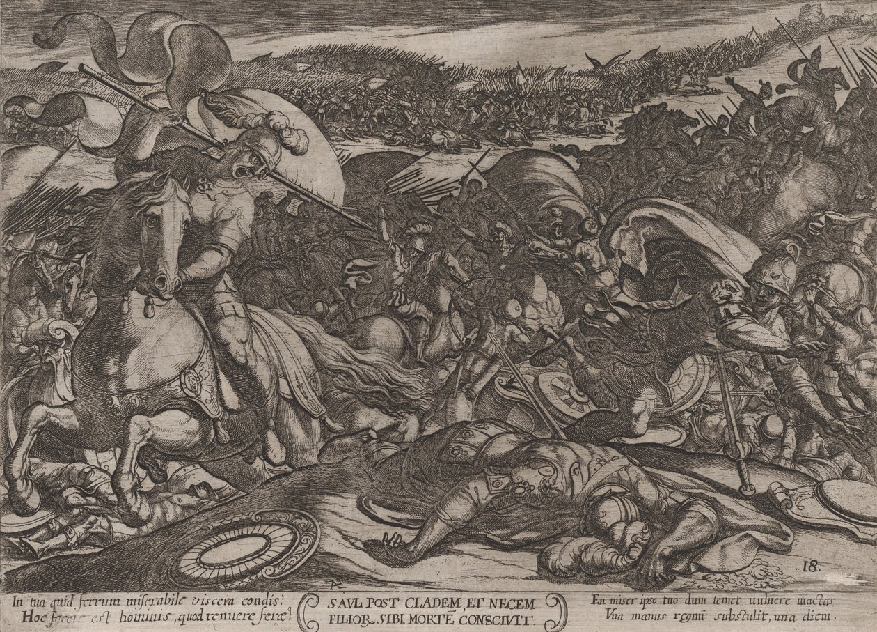 اللوحة 18: انتحار شاول بعد هزيمته على يد الفلسطينيين ، من The Battl ...، ca. 1590-كاليفورنيا. 1610. بواسطة انطونيو تمبيستا