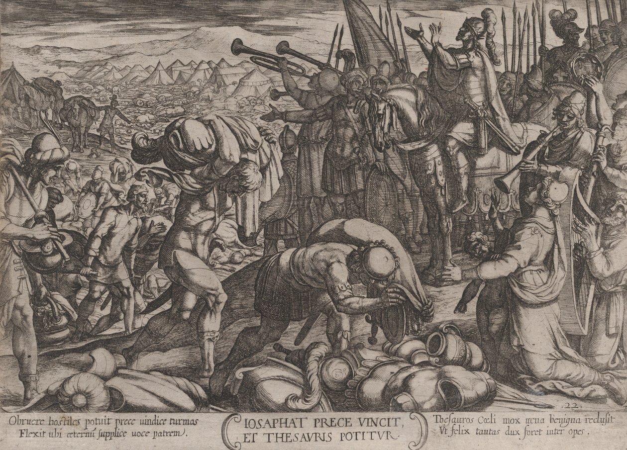 اللوحة 22: يوشافاط يشكر الله على انتصاره ، من 'معارك القديم ... ، كاليفورنيا. 1590-كاليفورنيا. 1610. بواسطة انطونيو تمبيستا