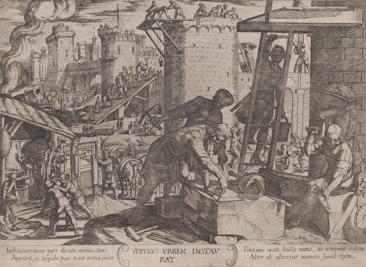 اللوحة 24: الإسرائيليون يعيدون بناء أسوار القدس ، من كتاب The Battles ...، ca. 1590-كاليفورنيا. 1610. بواسطة انطونيو تمبيستا