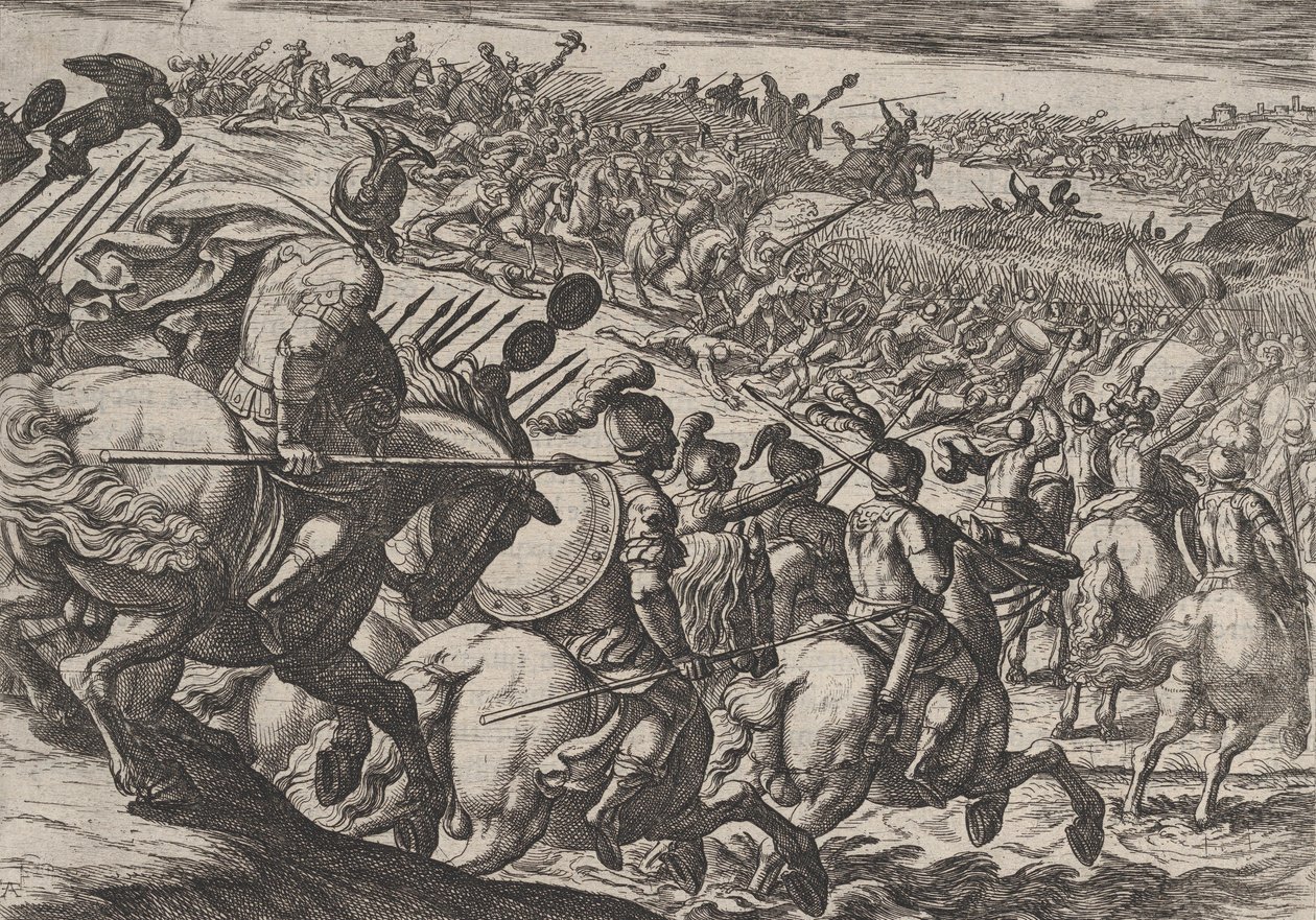 اللوحة 25: هجوم القائد الروماني سيرياليس بالقرب من ترير ، من حرب الرومان أجاي ... ، 1611. بواسطة انطونيو تمبيستا