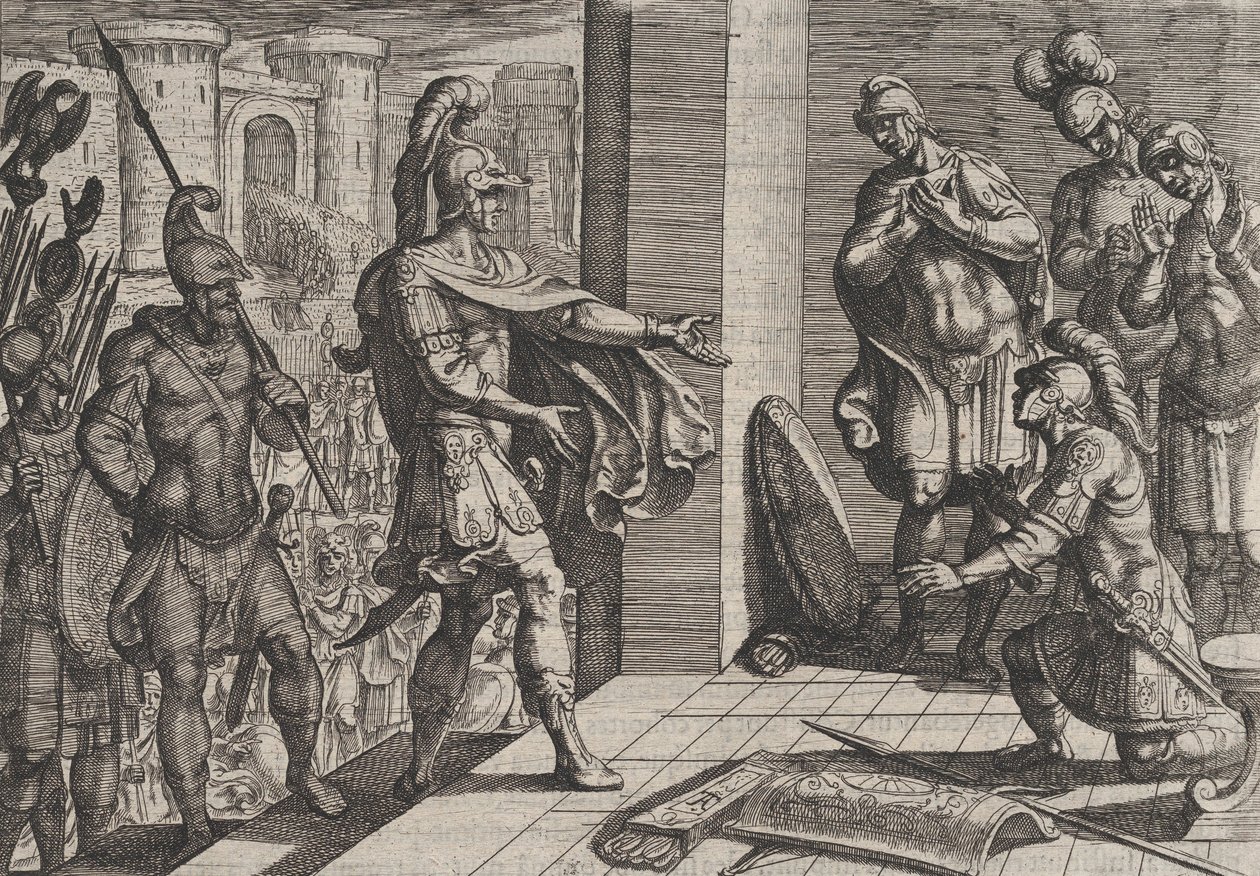 اللوحة 26: Cerialis Pardons and Relief Roman Solids الذين ساعدوا Civilis ، من The Wa ...، 1611. بواسطة انطونيو تمبيستا