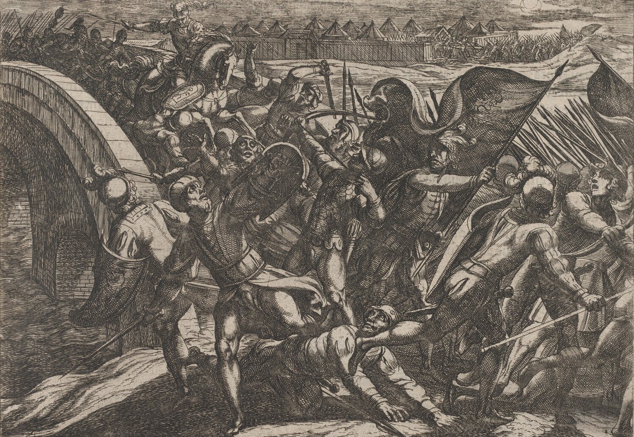 اللوحة 27: الهولنديون أثناء هجوم مفاجئ على المعسكر الروماني على نهر موزيل ، من The Wa ... ، 1611. بواسطة انطونيو تمبيستا