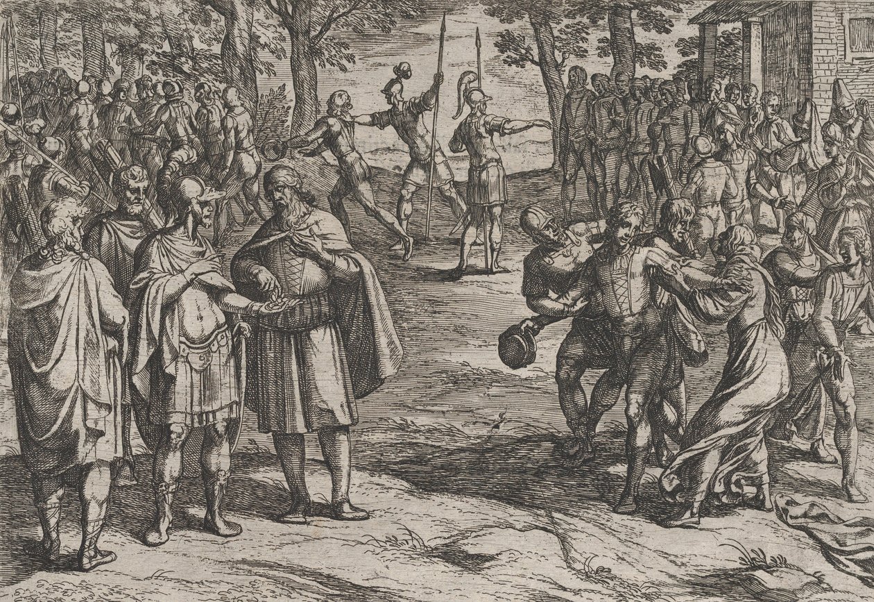 اللوحة 2: أخذ الرومان الرجال الهولنديين القدامى كرهائن وإغراء الصغار ، من الحرب ... ، 1611. بواسطة انطونيو تمبيستا