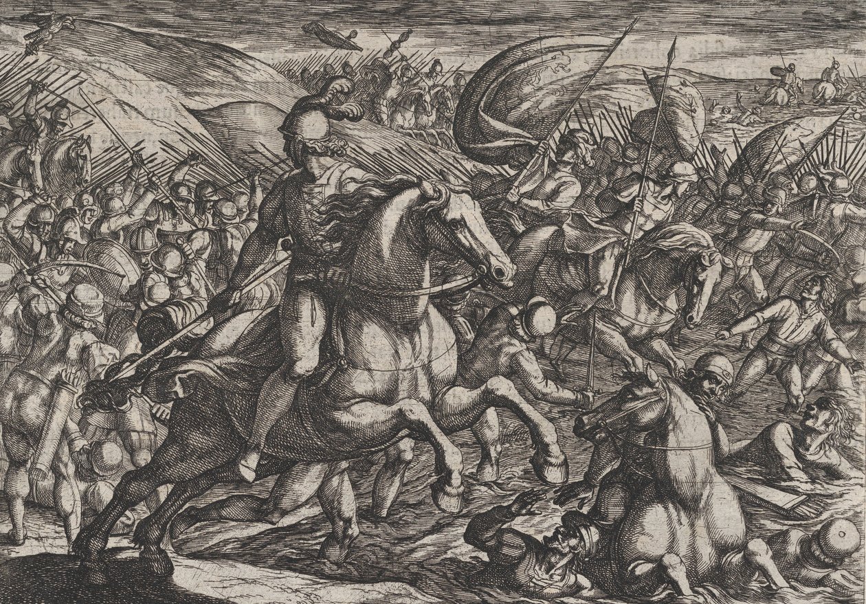 اللوحة 30: سيرياليس يقود الهولنديين إلى نهر الراين ، من حرب الرومان ضد ... ، 1611. بواسطة انطونيو تمبيستا