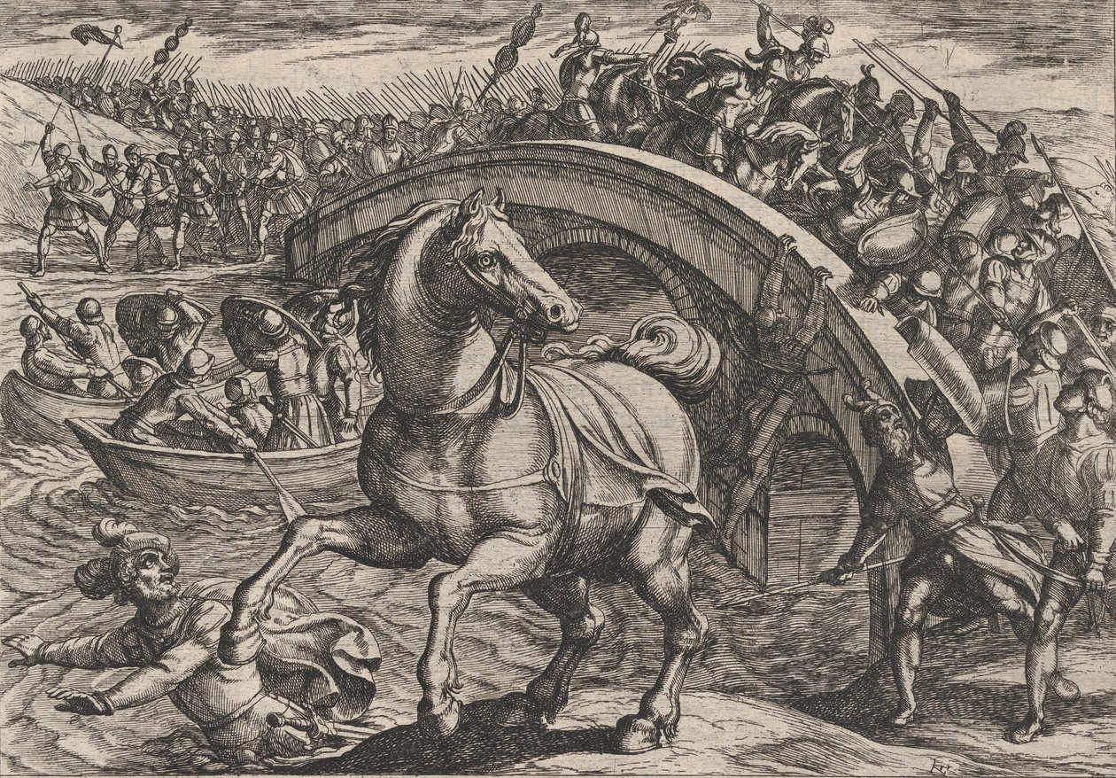 اللوحة 31: أجبر المدنيون على النزول والسباحة عبر النهر ، من حرب الرومان ... ، 1611. بواسطة انطونيو تمبيستا