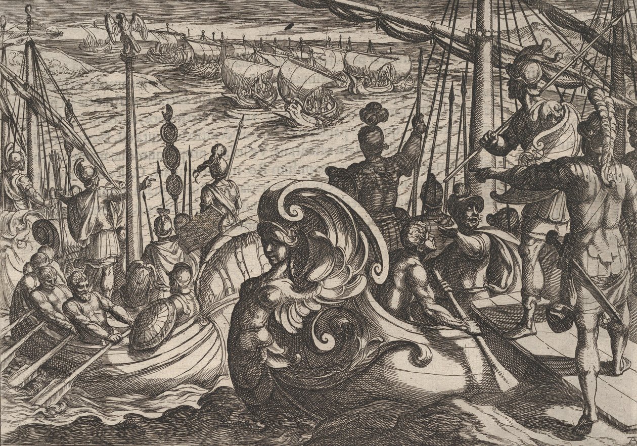 اللوحة 33: الأسطول الهولندي والروماني على نهر الراين ، من حرب الرومان ضد نهر ب ... ، 1611. بواسطة انطونيو تمبيستا