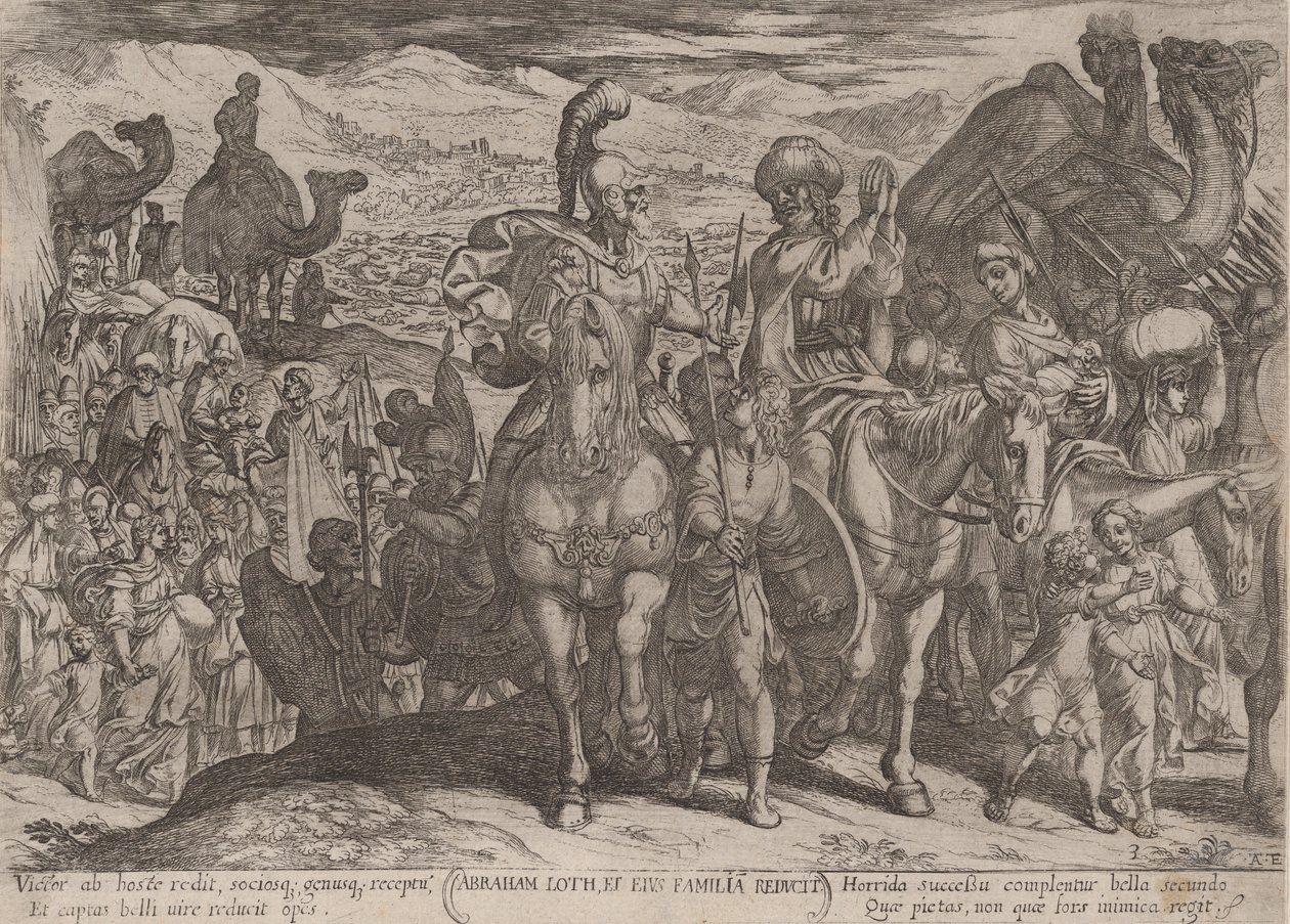اللوحة 3: إبراهيم يأخذ قرعة وعائلته إلى أرضه ، من كتاب The Battles ...، ca. 1590-كاليفورنيا. 1610. بواسطة انطونيو تمبيستا