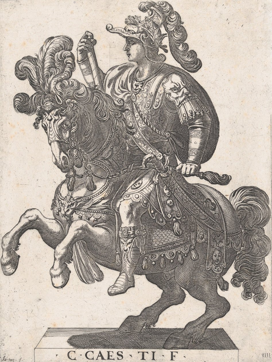 اللوحة 4: الإمبراطور غايوس على ظهور الخيل ، من "أول اثني عشر قيصرًا رومانيًا" ، 1596. بواسطة انطونيو تمبيستا