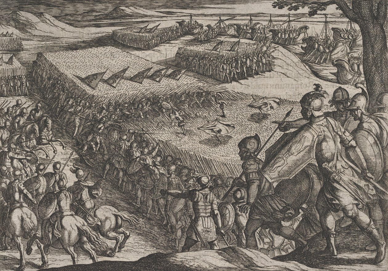اللوحة 6: هزيمة الرومان بالقرب من نهر الراين ، من حرب الرومان ضد الباتفيين ... ، 1611. بواسطة انطونيو تمبيستا