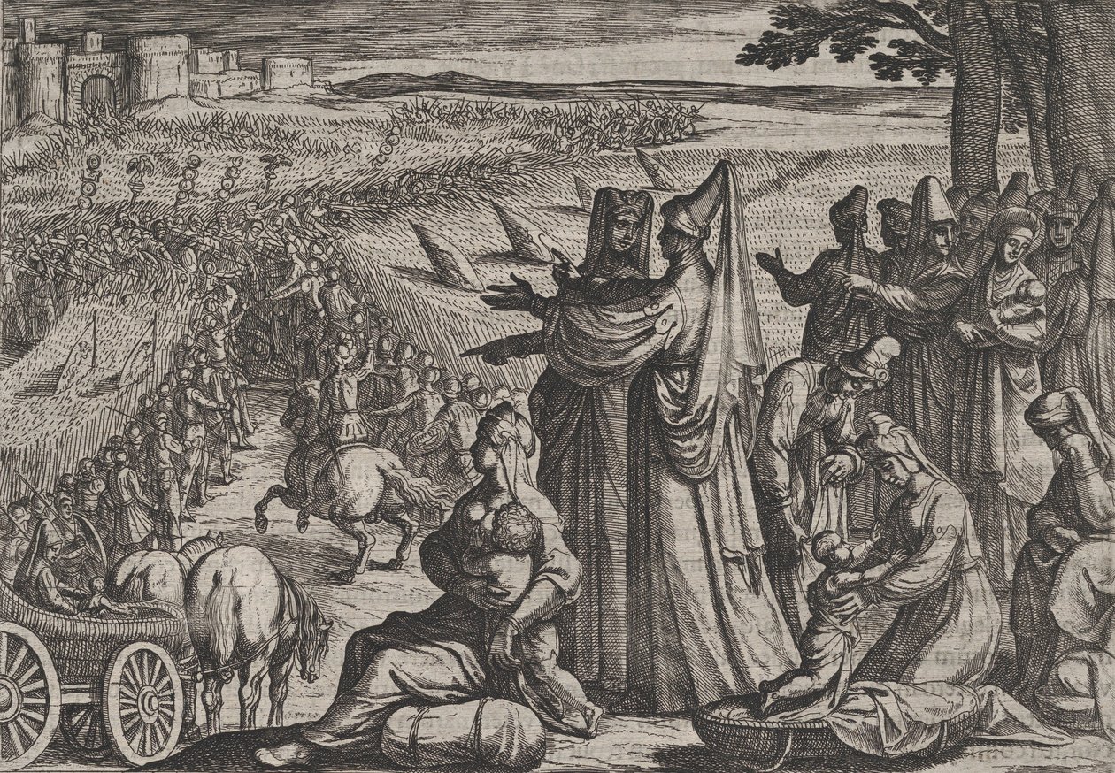 اللوحة 8: النساء والأطفال يراقبون المدنيين وهم يقاتلون الرومان ، من حرب الغجر ... ، 1611. بواسطة انطونيو تمبيستا