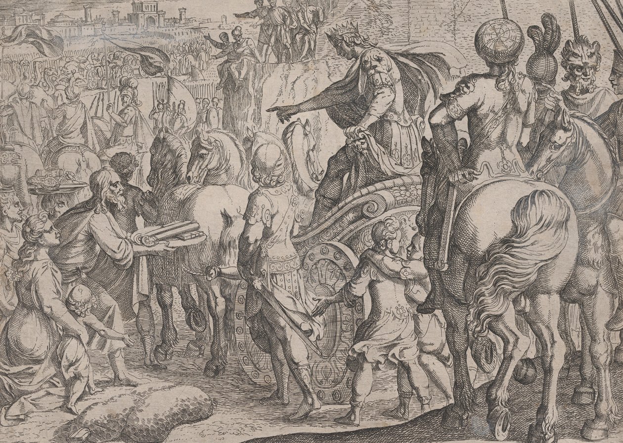 اللوحة 9: دخول الإسكندر المنتصر إلى بابل ، من أعمال الإسكندر الأكبر ، 1608. بواسطة انطونيو تمبيستا