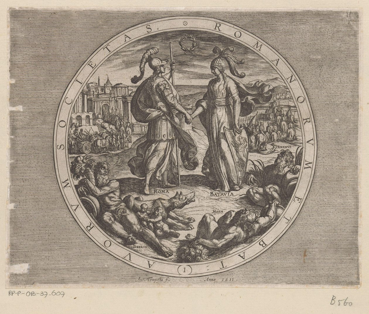 Rome en Batavia schudden elkaar de hand مجتمع الرومان والهولنديين (العنوان على الشيء) De Bataafse oorlogen tegen de Romeinen (عنوان المسلسل) معركة الهولنديين مع الرومان (عنوان المسلسل) بواسطة انطونيو تمبيستا