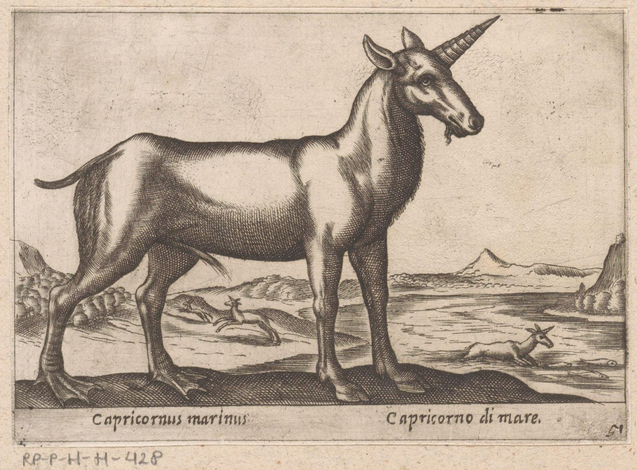 الجدي كحيوان بحري Capricornus marinus / Capricorno di mare (العنوان على الكائن) الحيوانات والمخلوقات الأسطورية (عنوان السلسلة) نوفا راكولتا دي لي أنيمالي بيو كوريوسي ديل موندو (عنوان المسلسل) بواسطة انطونيو تمبيستا