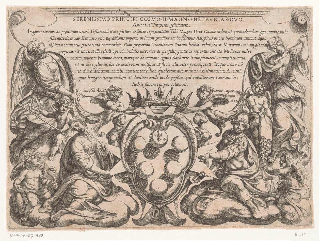 طباعة العنوان مع تكريس وشعار نبالة Cosimo II de