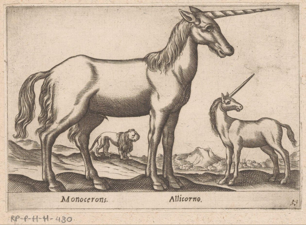 اثنين من حيدات وأسد Monocerons / Allicorno (العنوان على الكائن) الحيوانات والمخلوقات الأسطورية (عنوان السلسلة) نوفا راكولتا دي لي أنيمالي بيو كوريوسي ديل موندو (عنوان المسلسل) بواسطة انطونيو تمبيستا