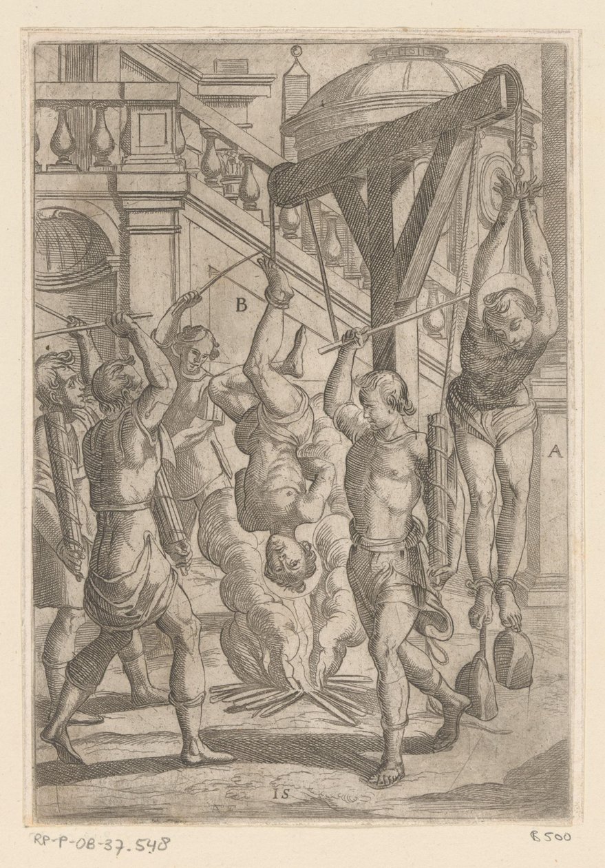 حرق يتدلى بالمقلوب والضرب تعذيب شهداء المسيحيين (عنوان المسلسل) Varia tormentorum et supplicioru crudelium (...] (عنوان السلسلة) بواسطة انطونيو تمبيستا