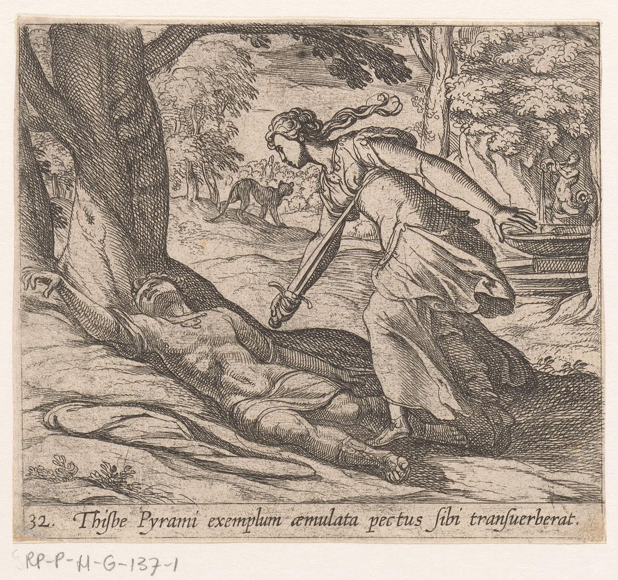 زلفمور فان ثيسبي قام Thijsbe بتقطيع صدره بعد مثال Pyramus (العنوان على الكائن) Metamorphoseon أو التحويلات (عنوان السلسلة) ميتامورفوسين فان أوفيديوس (عنوان المسلسل) بواسطة انطونيو تمبيستا