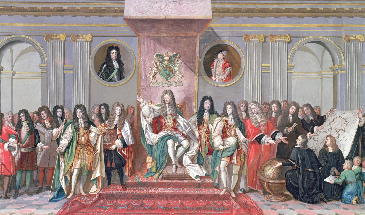 جيمس الثاني (1633-1701) استقبال العلماء الرياضيين لغواش مستشفى المسيح على الورق) (تفاصيل 234983) بواسطة أنطونيو فيريو