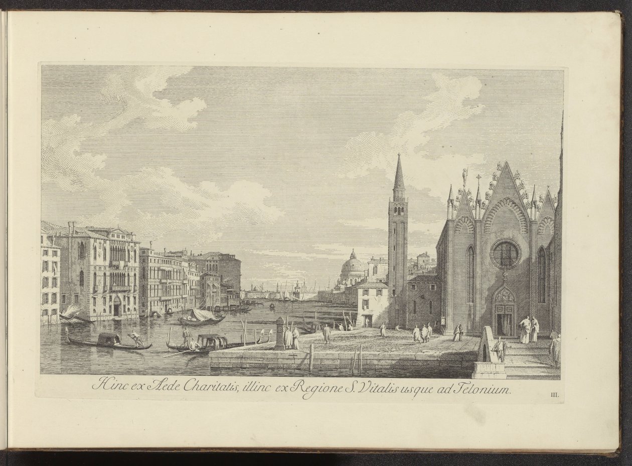 Gezicht op het Canal Grande en de Chiesa di Santa Maria della Carità te Venetië على هذا الجانب من بيت الصدقة ، على الجانب الآخر من منطقة S. Vitalis حتى تيلونيوم (العنوان على الجسم) أشهر المناظر لمدينة البندقية ، من 38 لوحة على الهواء لقناة أنطونيوس بواسطة أنطونيو فيسينتيني