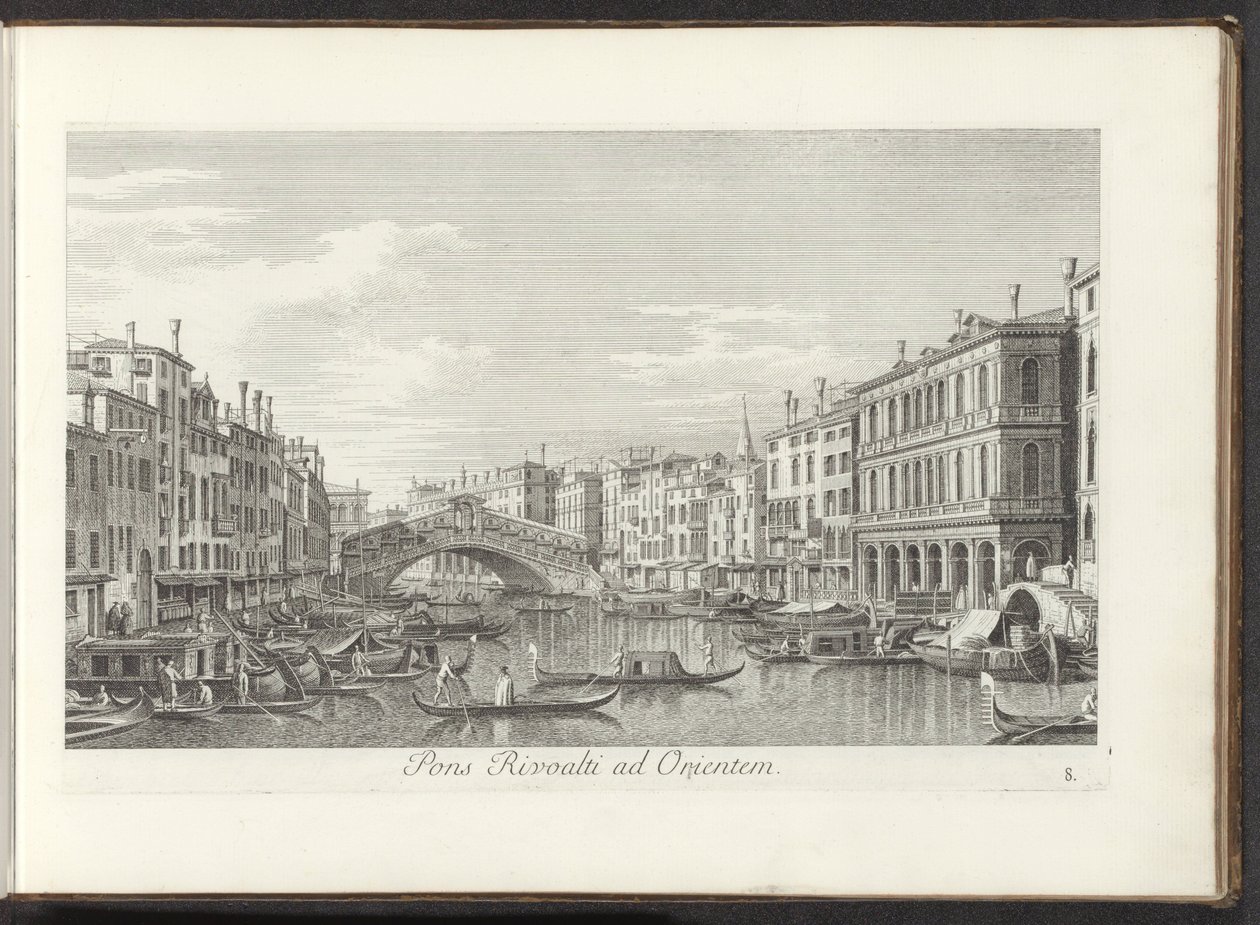 Gezicht op het Canal Grande en de Rialtobrug te Venetië جسر ريفوالتي إلى الشرق (العنوان على الجسم) أشهر المناظر لمدينة البندقية ، من 38 لوحة لقناة أنطونيوس ، طبعها أنطونيو فيسينتيني على النحاس ، مقسمة إلى ثلاثة أجزاء. الجزء الثاني (ser بواسطة أنطونيو فيسينتيني