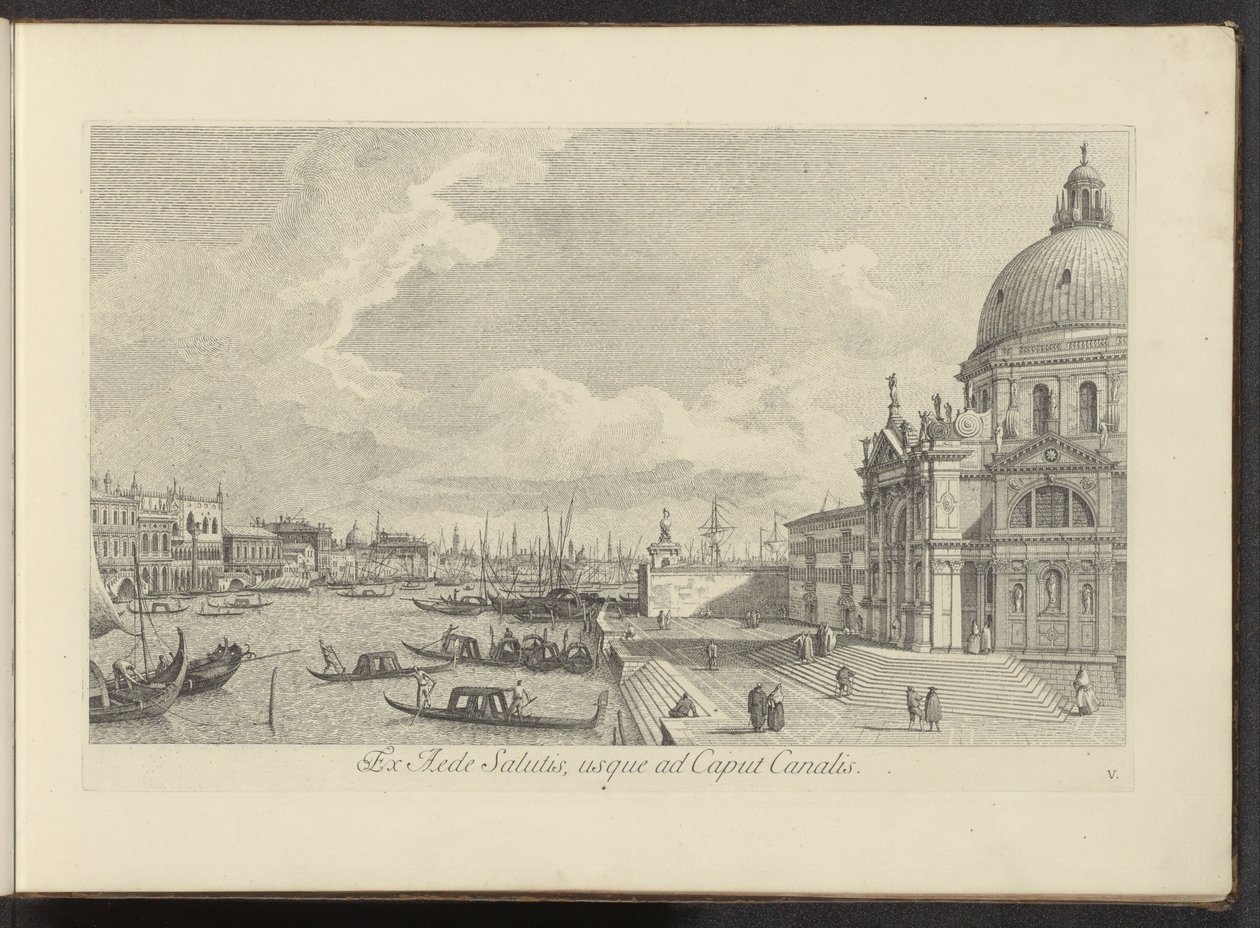 Gezicht op het Canal Grande en de Santa Maria della Salute te Venetië من بيت الخلاص إلى رأس القناة (العنوان على الجسم) أشهر المناظر لمدينة البندقية ، من 38 لوحة لقناة أنطونيوس ، مطبوعة على النحاس بواسطة أنطونيو فيسينتيني ، في ثلاثة أجزاء بواسطة أنطونيو فيسينتيني
