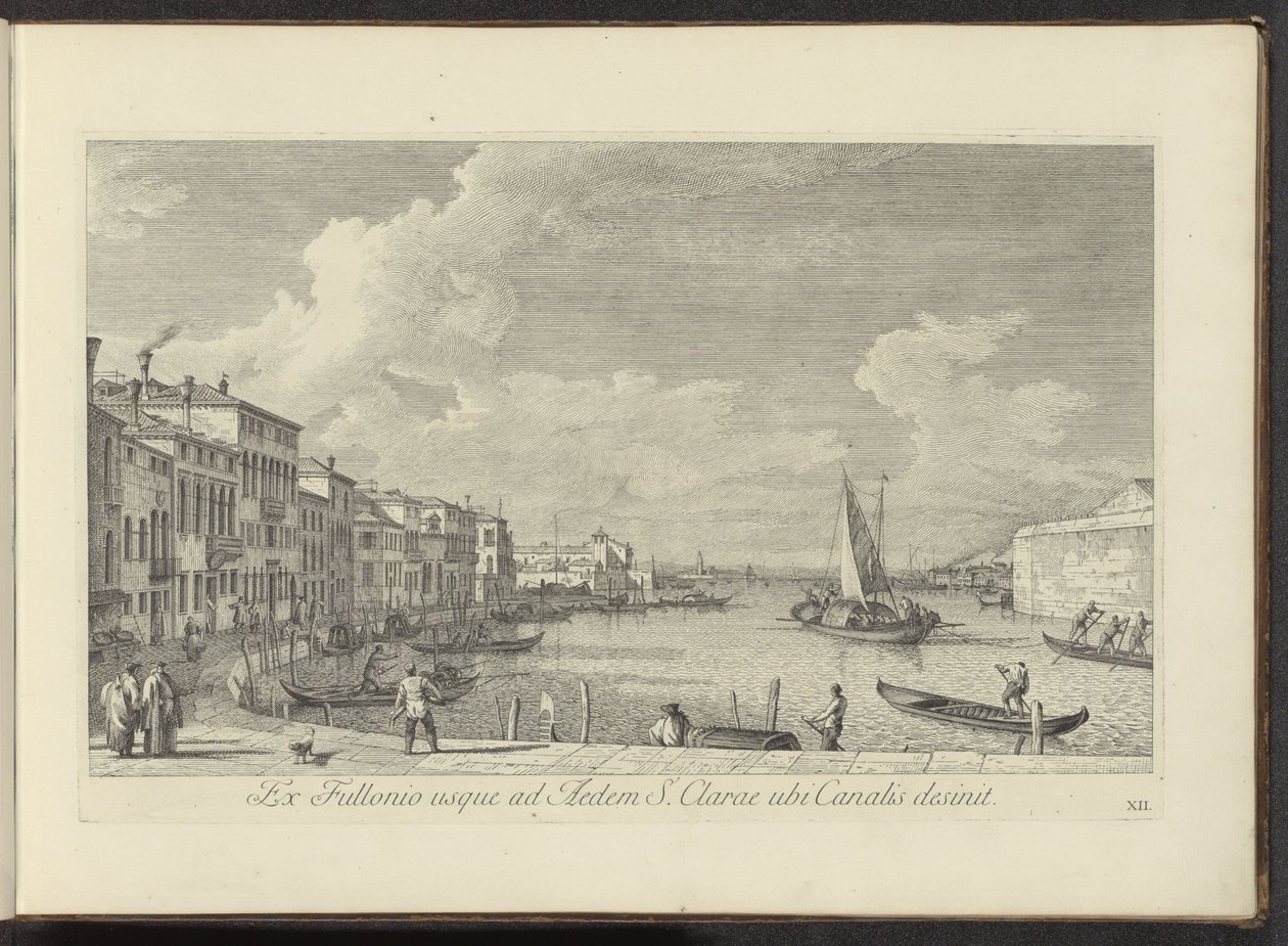 Gezicht op het Canal Grande en de kerk de Santa Chiara te Venetië من المغسلة إلى منزل سانت كلير حيث تنتهي القناة (العنوان على الكائن) أشهر المناظر لمدينة البندقية ، من اللوحات 38 لقناة أنطونيوس ، التي طبعها أنطونيو فيسينتيني بالنحاس في بواسطة أنطونيو فيسينتيني