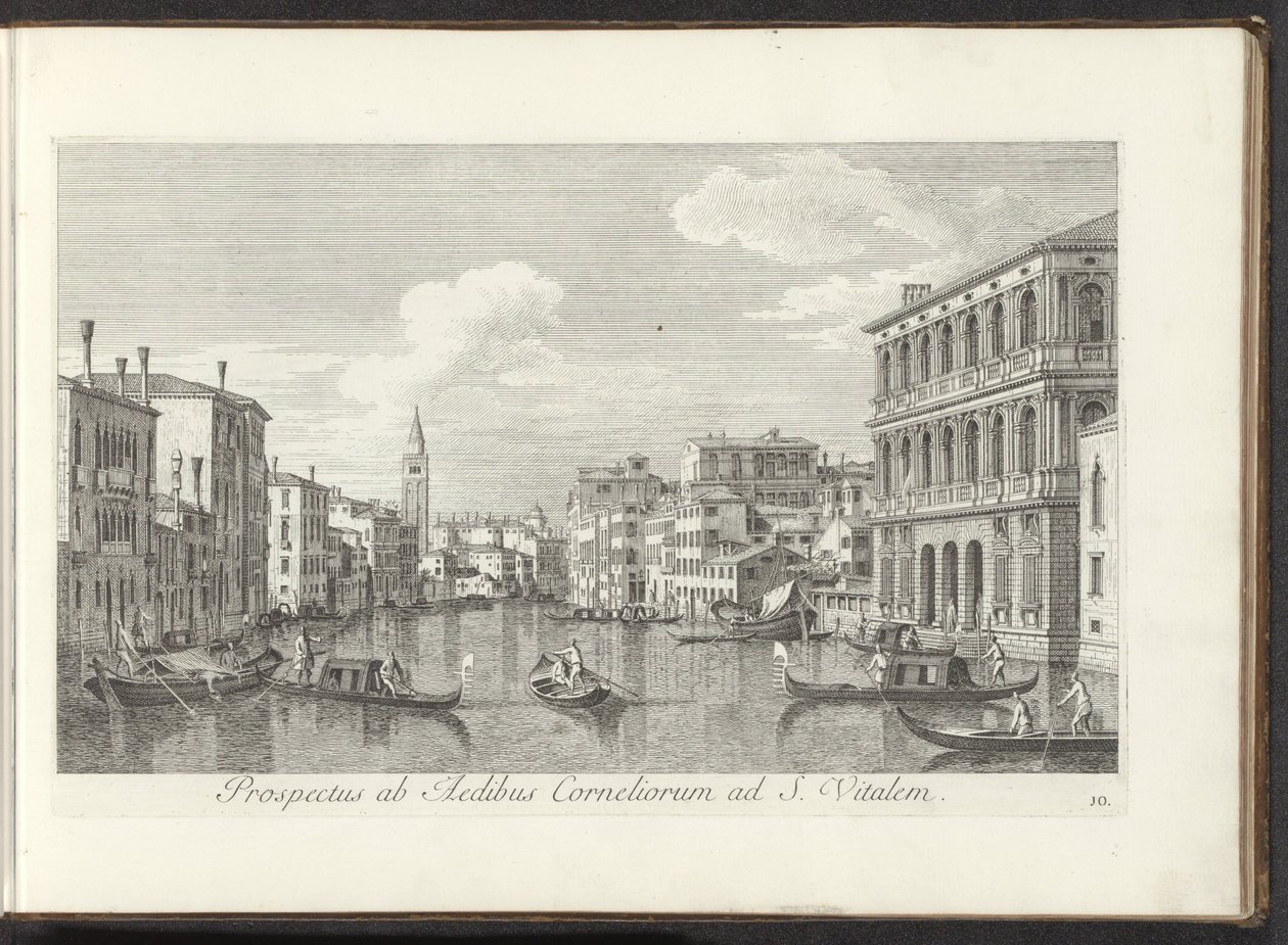 Gezicht op het Canal Grande en de toren van de San Vitale te Venetië منظر من منازل كورنيليوس إلى سانت فيتال (العنوان على الكائن) أشهر المناظر لمدينة البندقية ، من 38 لوحة لقناة أنطونيوس ، طُبعت بالخشب من قبل أنطونيو فيسينتيني بواسطة أنطونيو فيسينتيني