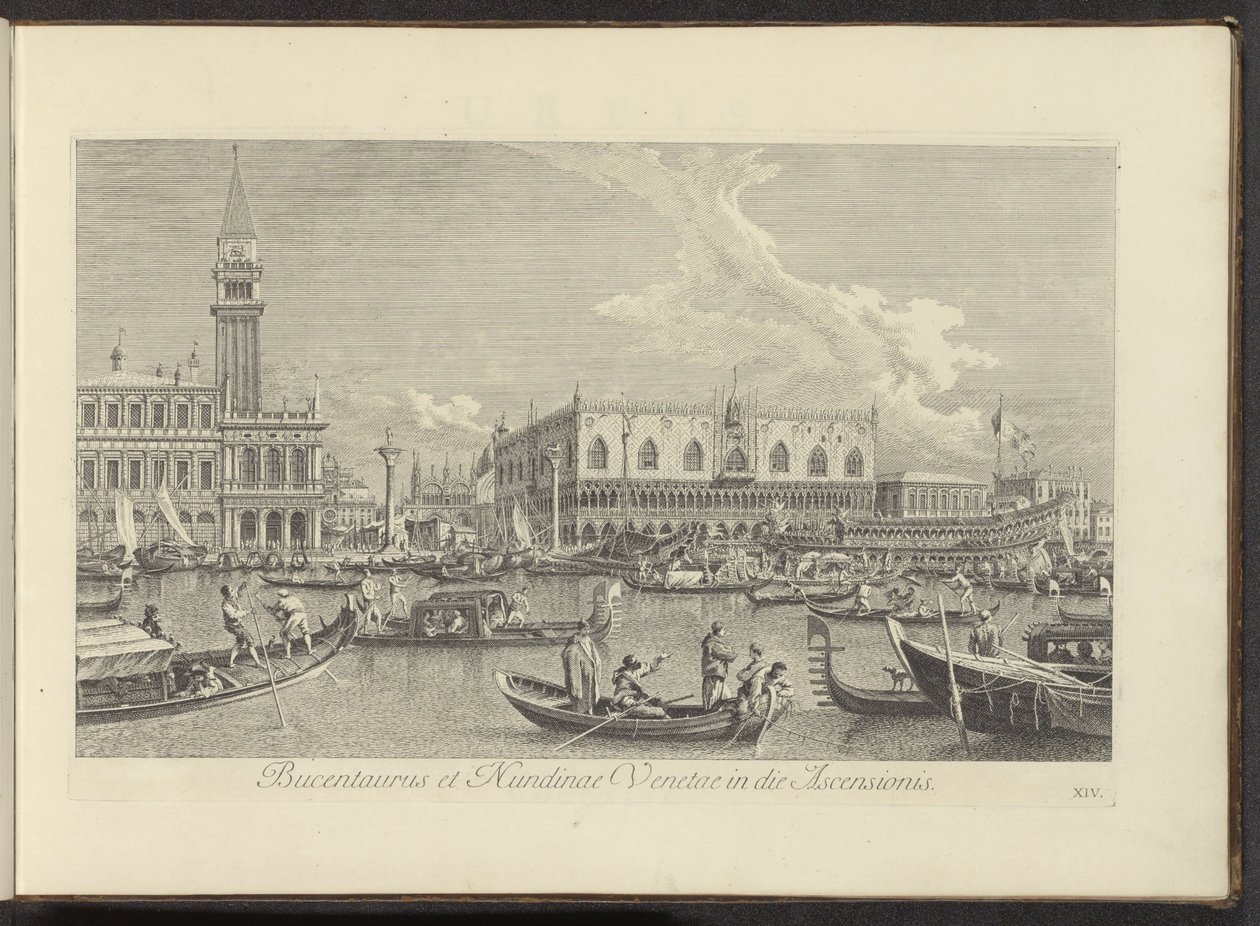 Gezicht op het Canal Grande te Veneti مع دي بوكينتورو فان دي دوجي Bucentaurus و Nundinae Venetae في يوم الصعود (العنوان على الكائن) أشهر المناظر لمدينة البندقية ، من 38 لوحة لقناة أنطونيوس ، طُبعت على الهواء من قبل أنطونيو فيسينتيني جزئيًا بواسطة أنطونيو فيسينتيني