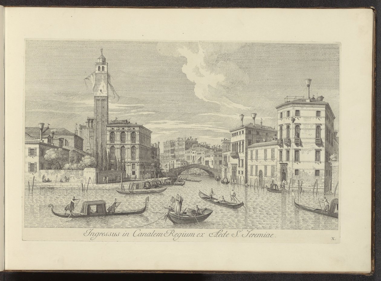 Gezicht op het Cannaregio en Palazzo Labia te Venetië مدخل القناة الملكية من منزل القديس إرميا (العنوان على وجوه) أشهر المناظر لمدينة البندقية ، من 38 لوحة لقناة أنطونيو طبعها أنطونيو فيسينتيني على الهواء ، مقسمة إلى ثلاثة أجزاء بواسطة أنطونيو فيسينتيني