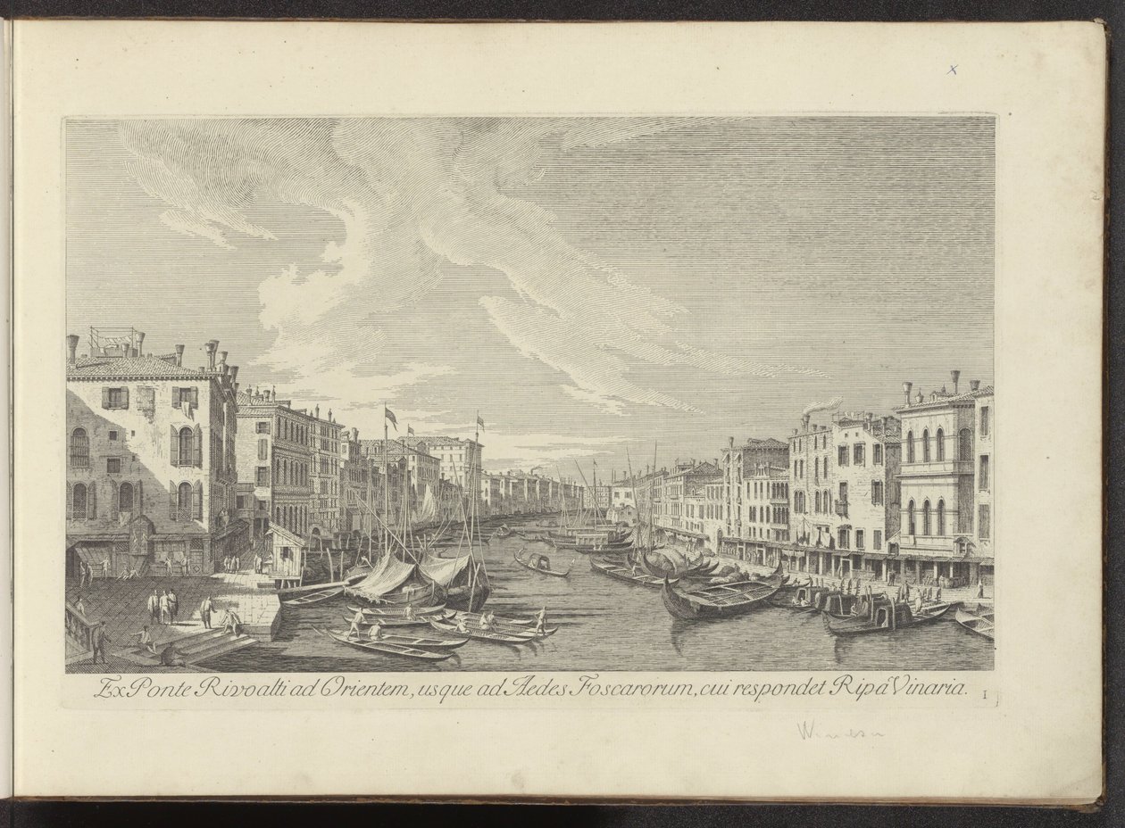 Gezicht vanaf de Rialtobrug op het Canal Grande te Venetië من Ponte Rivoalti إلى الشرق ، إلى Aedes Foscarorum ، والتي تتوافق مع Ripa Vinaria (العنوان على الكائن) أشهر المناظر لمدينة البندقية ، من 38 لوحة لقناة أنطونيوس ، مطبوعة بالنحاس بواسطة أ بواسطة أنطونيو فيسينتيني