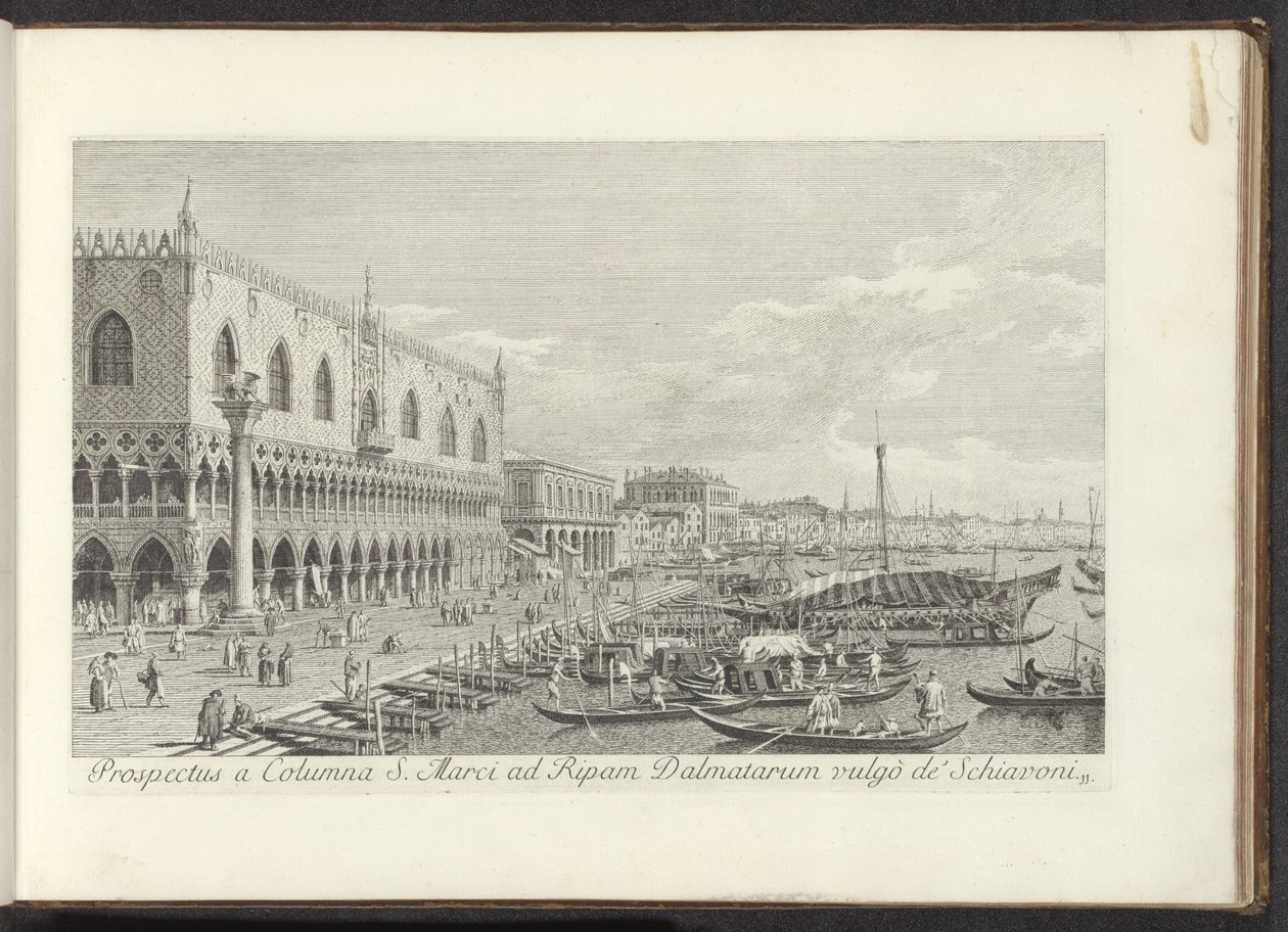 Hoek van het San Marcoplein التقى het Dogepaleis en de zuil met de Leeuw van Venetië منظر من عمود القديس مرقس إلى بنك دالماتيا فولغو دي شيافوني (العنوان على الكائن) أشهر المناظر لمدينة البندقية ، من اللوحة 38 لقناة أنطونيوس ، إكسبر بواسطة أنطونيو فيسينتيني