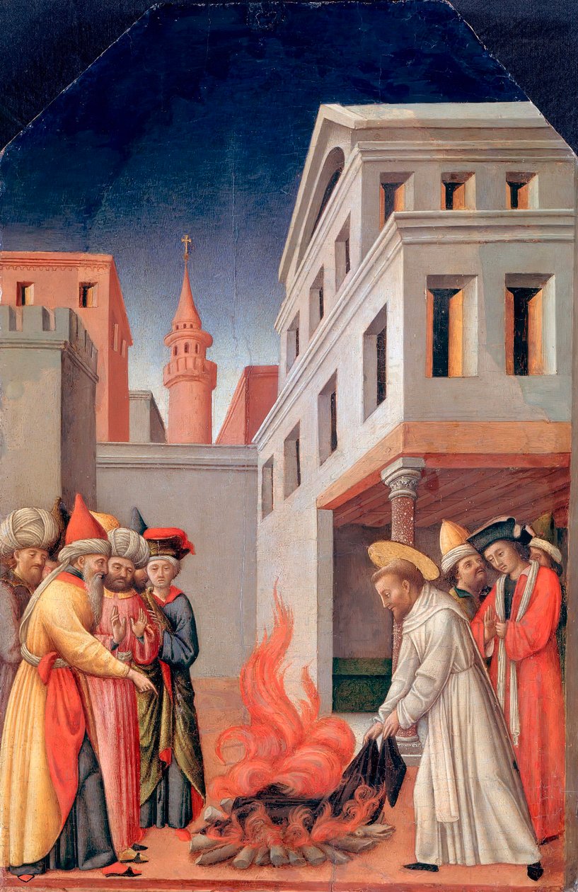 "معجزة النار المقدسة أمام السلطان (بيتر فيرونا ، حوالي 1205-1252) قبل السلطان" (معجزة النار المقدسة أمام السلطان) لوحة لأنطونيو فيفاريني (حوالي 1440-1480) ، حوالي 1440 - زيت على خشب قاتم 52x34 سم Staatliche Museen ، برلين بواسطة أنطونيو فيفاريني