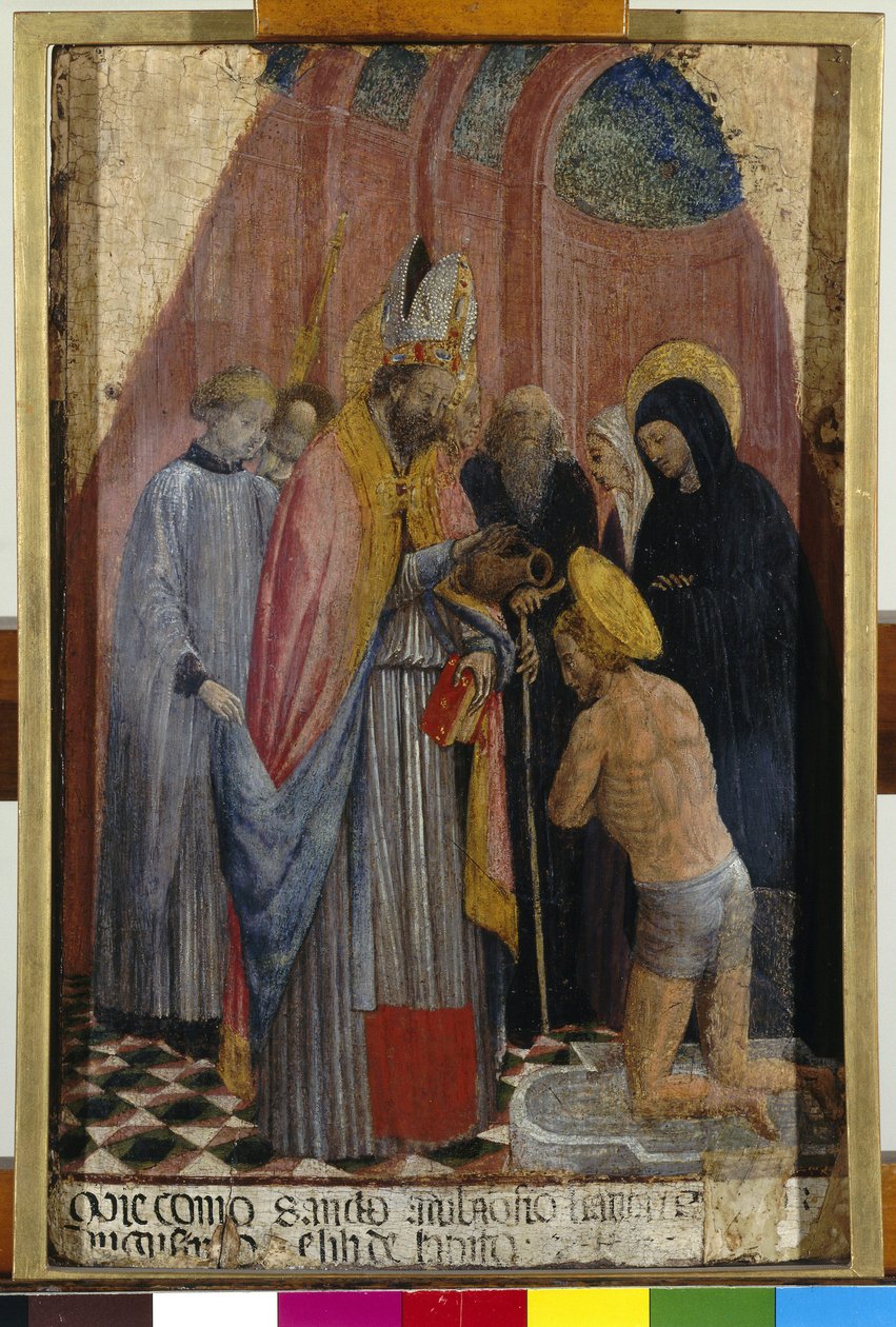 القديس أمبروز يعمد القديس أوغسطين حوالي 1441 (تمبرا على اللوح) بواسطة أنطونيو فيفاريني