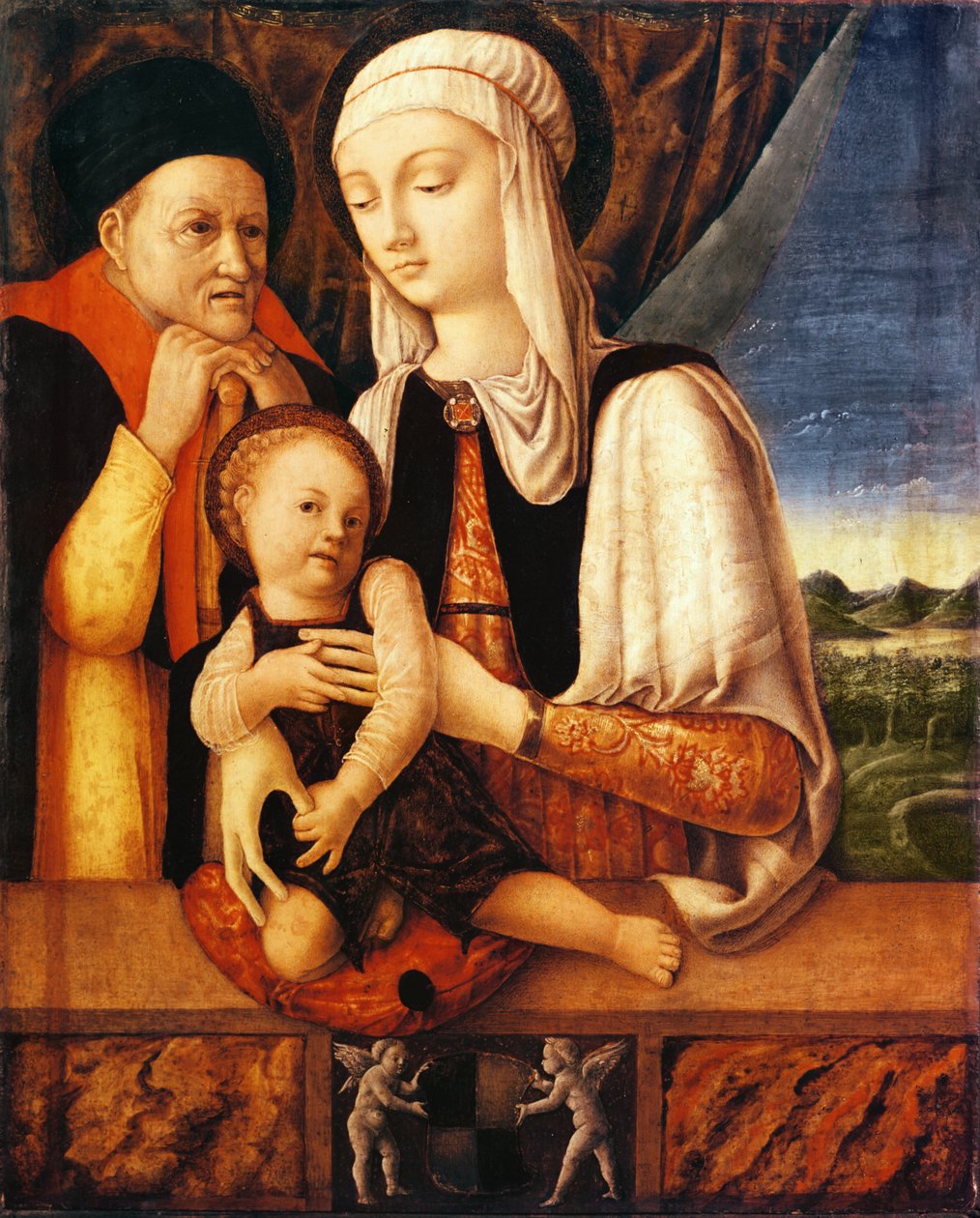 العائلة المقدسة (شعار النبالة Barbara de Brandeboug ، دوقة مانتوفا) ، c.1450-60 (زيت على الخشب) بواسطة أنطونيو فيفاريني