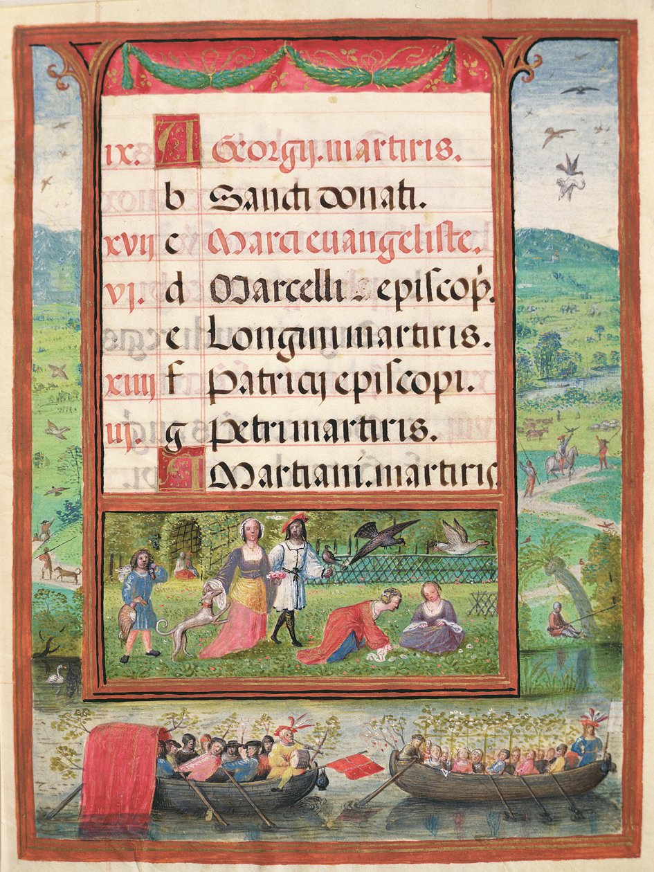 شهر أبريل ، المنمنمات من "كتاب ساعات دوم مانويل" ، 1517-38 (درجة الحرارة على الرق) بواسطة أنطونيو دي هولاندا