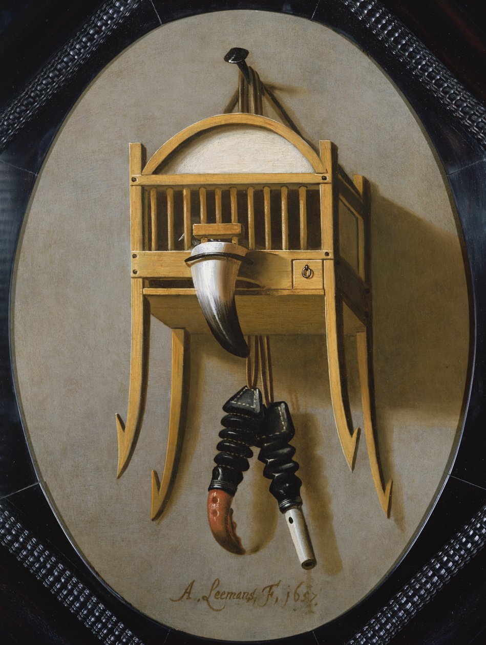 Trompe LOeil مع قفص الطيور الصافرة والصافرة ، القرن السابع عشر بواسطة أنطونيوس ليمانز
