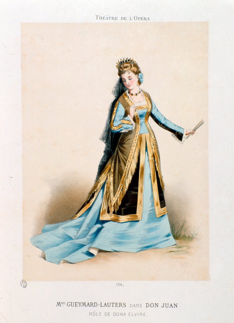 المغنية بولين لووترز-جويمار (لوتيرز غيمار) (1834-1876) تؤدي دونا إلفير في أوبرا وولفغانغ أماديوس موزارت دون جيوفاني (دون جوان) (1756-1791) خلال عرض في مسرح الأوبرا في باريس. طباعة حجرية لأنطوني مورلون (1834-1914) خاص بواسطة أنتوني بول إميل مورلون