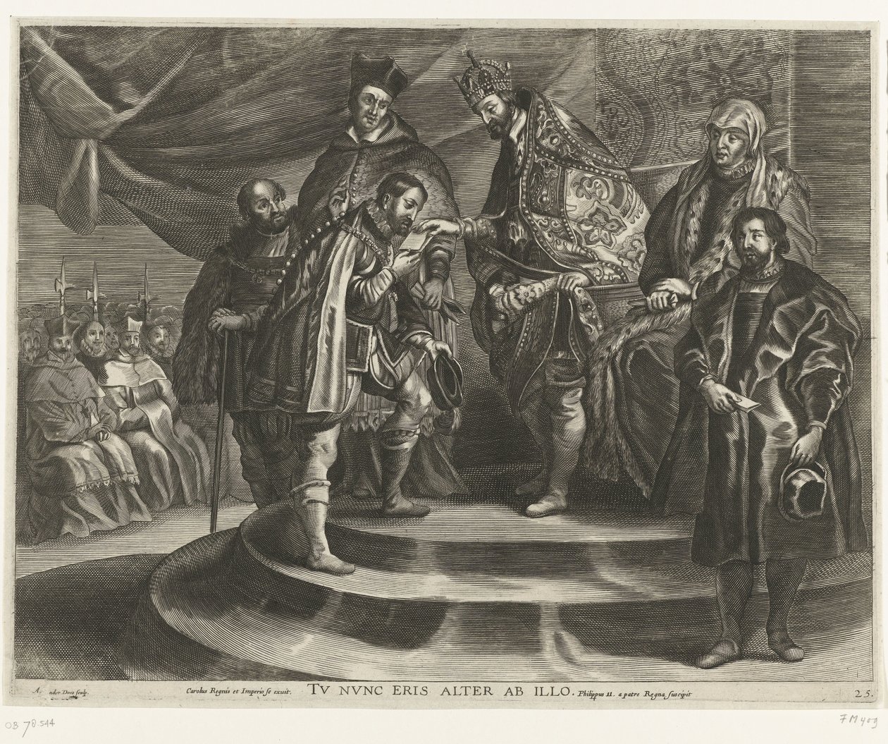 Troonsafsand van Karel V ؛ توخت فان فرديناند تي جنت عام 1635 (الشفرة 25) جرد تشارلز نفسه من المملكة والإمبراطورية / ستكون الآن في المرتبة الثانية بعده / يأخذ فيليب الثاني المملكة من والده (العنوان على الشيء) بواسطة أنتوني فان دير هل