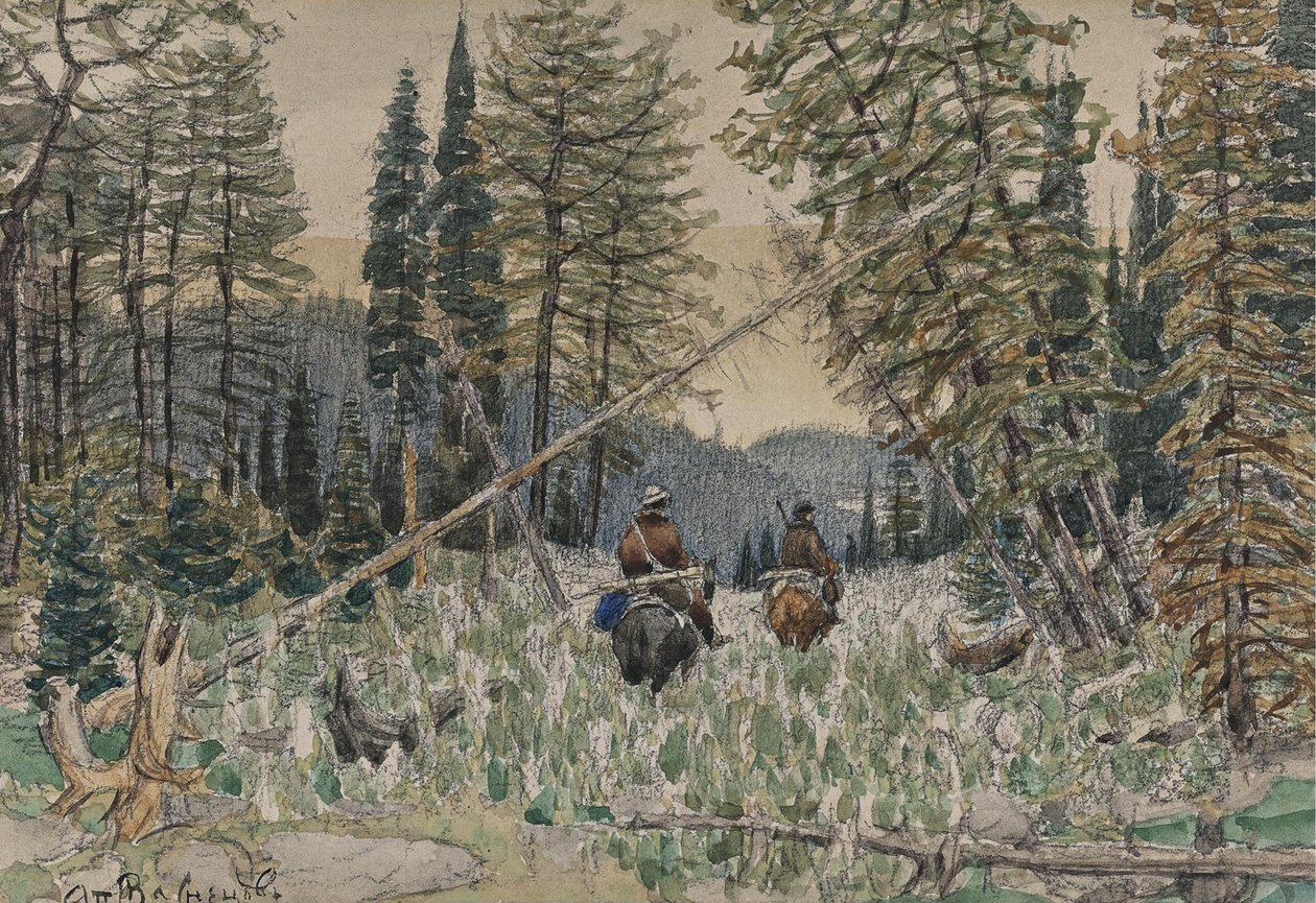 الصيادون على ظهور الخيل في غابة الصنوبر بواسطة Apollinari Mikhailovich Vasnetsov