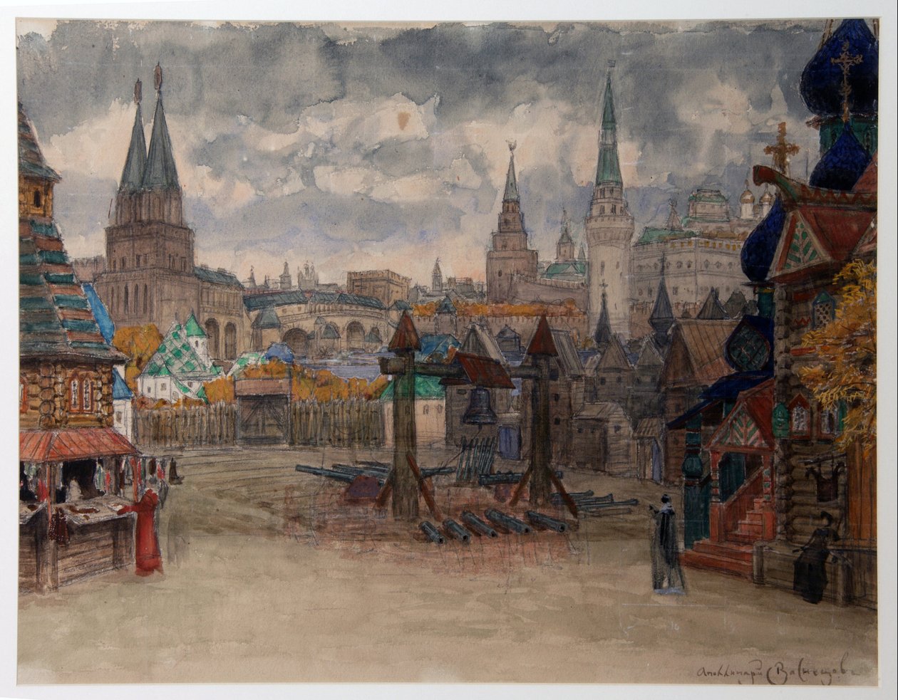 La place des strelets - ديكور لأوبرا "La Khovanchtchina" "لموديست موسورجسكي (1839-1881) - ساحة ستريليتس ، تصميم مسرحي لأوبرا خوفانشينا من تأليف إم موسورجسكي - عمل أبوليناري ميخائيلوفيتش فاسنيتسوف (1856-1933) ) ، ألوان مائية على بابي بواسطة Apollinari Mikhailovich Vasnetsov