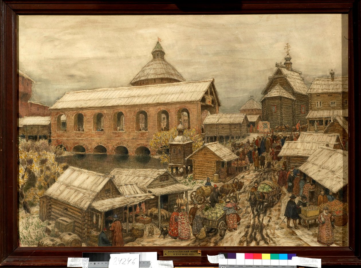 المشي في منطقة Okhotny Riad في موسكو في القرنين الثالث عشر والسادس عشر - عمل Appolinari Mikhaylovich Vasnetsov (1856-1933) بواسطة Apollinari Mikhailovich Vasnetsov