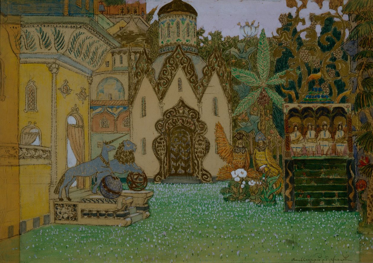 تصميم المسرح للأوبرا أسطورة مدينة Kitezh غير المرئية و Maiden Fevronia من تأليف N.Rimsky-Korsakov ، 1907 بواسطة Apollinari Mikhailovich Vasnetsov