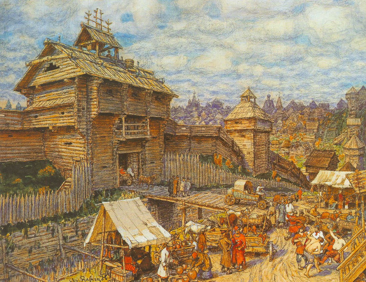 مدينة موسكو الخشبية في القرن الرابع عشر بواسطة Apollinari Mikhailovich Vasnetsov